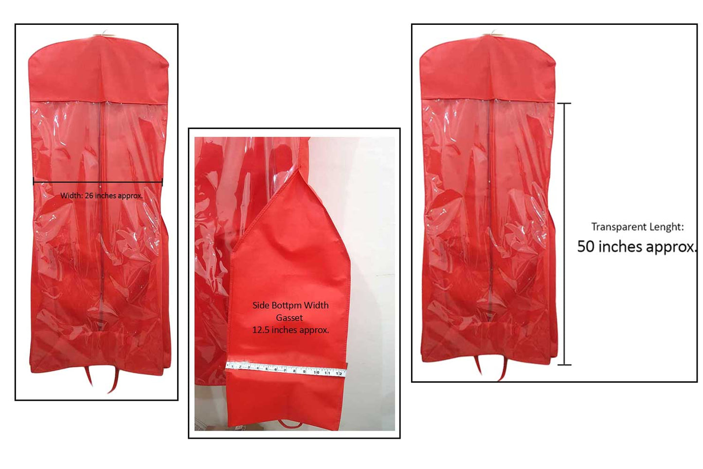 Mohan Shoppe Red Non-Woven Wedding Lehenga Gown Long Dress Garment Cover Bags 63" with 12" Gusset with Back Zip pack of 1 piece (Transparent Covering: 50 inches approx.)