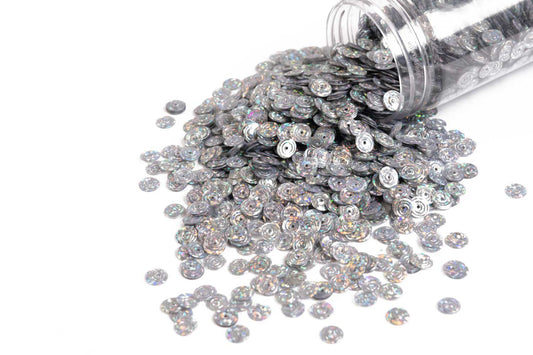 Mohan Shoppe Silver Color Round Shape Plastic Sequins for Suits, Dresses, Sarees, Craft Material, Decoration etc. (Package of 50 Grams)