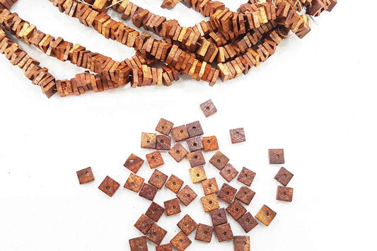Brown Color Square Shape Wooden Beads Package of 2 Strings (1 String=150 Beads Approx.)