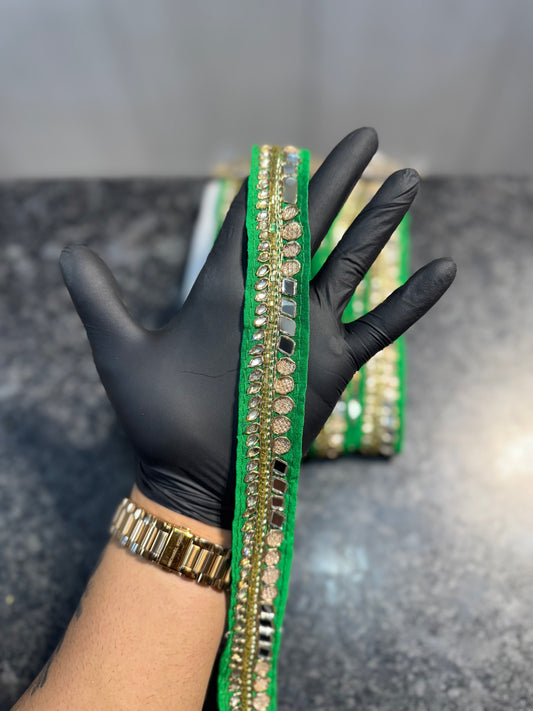 Green Color Mirror and beads work lace 9 meters approx.