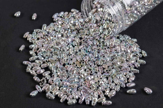 Silver Rainbow Color Oval/Surahi Shape Plastic Beads Package of 50 Grams